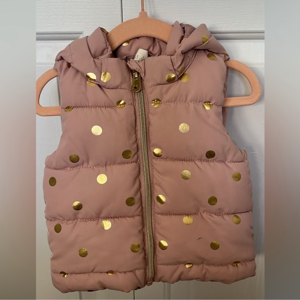 Pink Puffer Vest with Gold Polka Dots